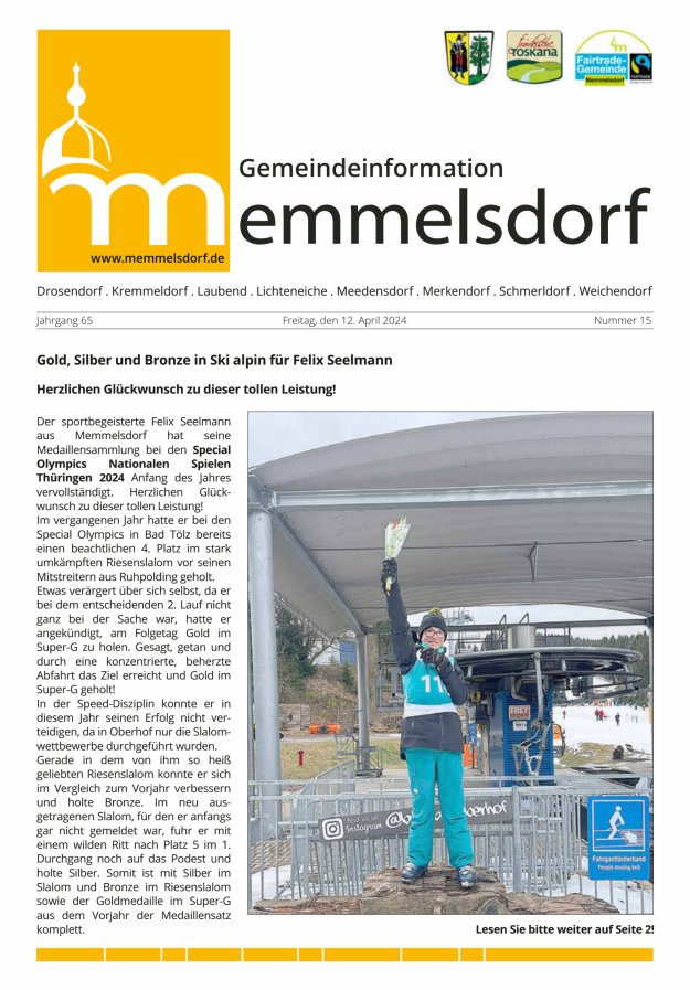 Mitteilungsblatt der Gemeinde Memmelsdorf Titelblatt 15/2024