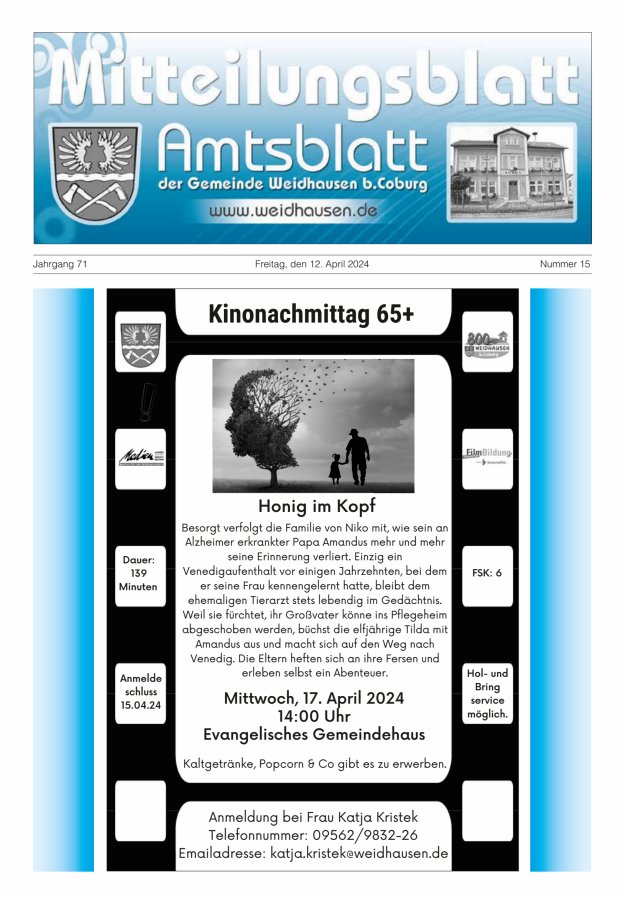 Mitteilungsblatt - Amtsblatt der Gemeinde Weidhausen b Coburg Titelblatt 15/2024