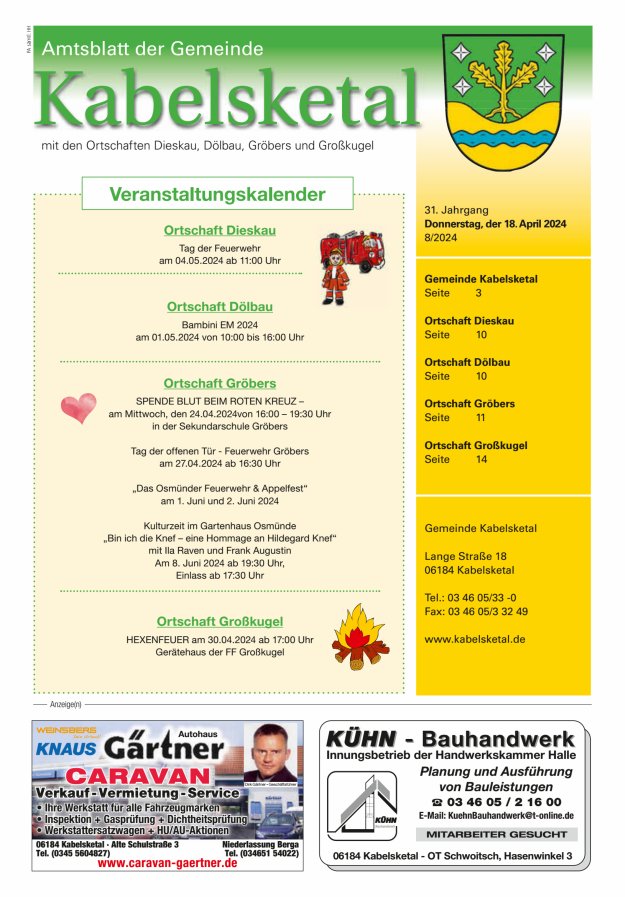 Amtsblatt der Gemeinde Kabelsketal mit den Ortsteilen Titelblatt 08/2024