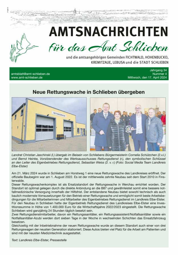Amtsnachrichten – Amtsblatt für das Amt Schlieben und die amtsangehörigen Gemeinden Titelblatt 04/2024
