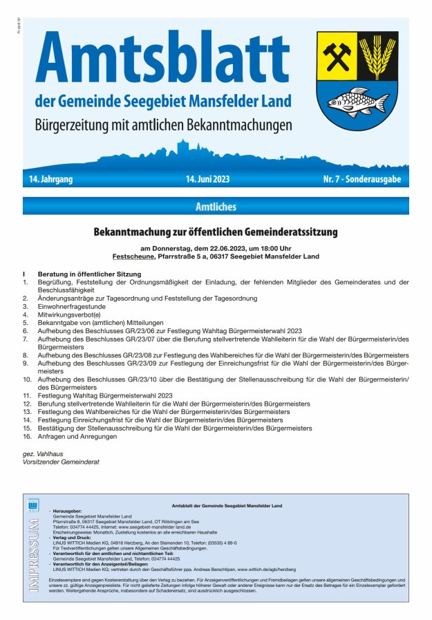 Amtsblatt der Gemeinde Seegebiet Mansfelder Land Titelblatt 07/2023