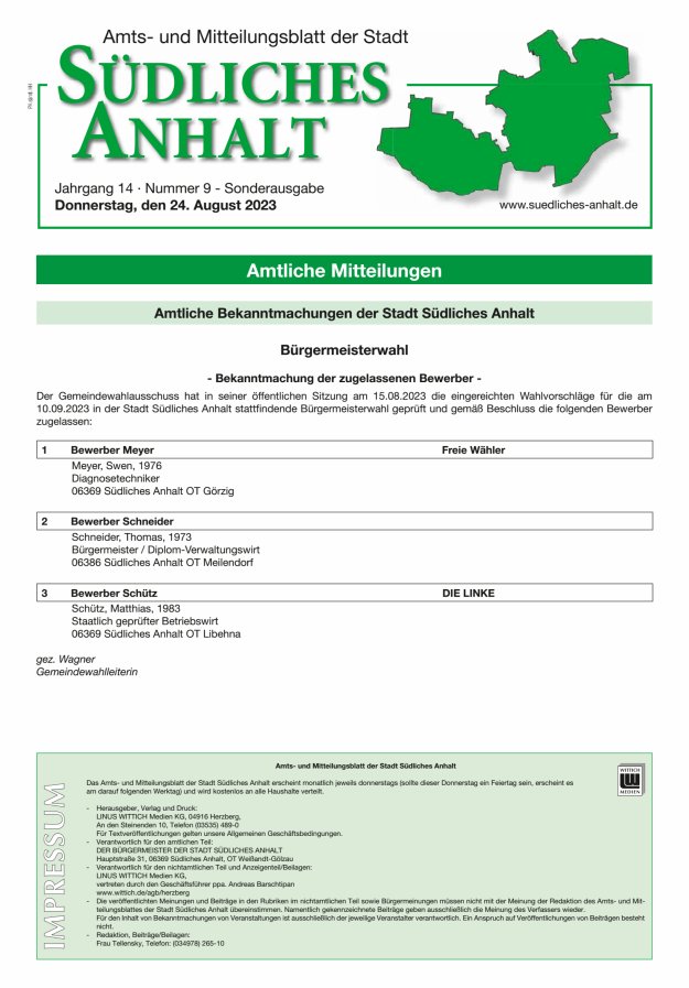 Amts- und Mitteilungsblatt der Stadt Südliches Anhalt Titelblatt 09/2023