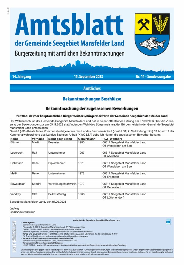 Amtsblatt der Gemeinde Seegebiet Mansfelder Land Titelblatt 11/2023
