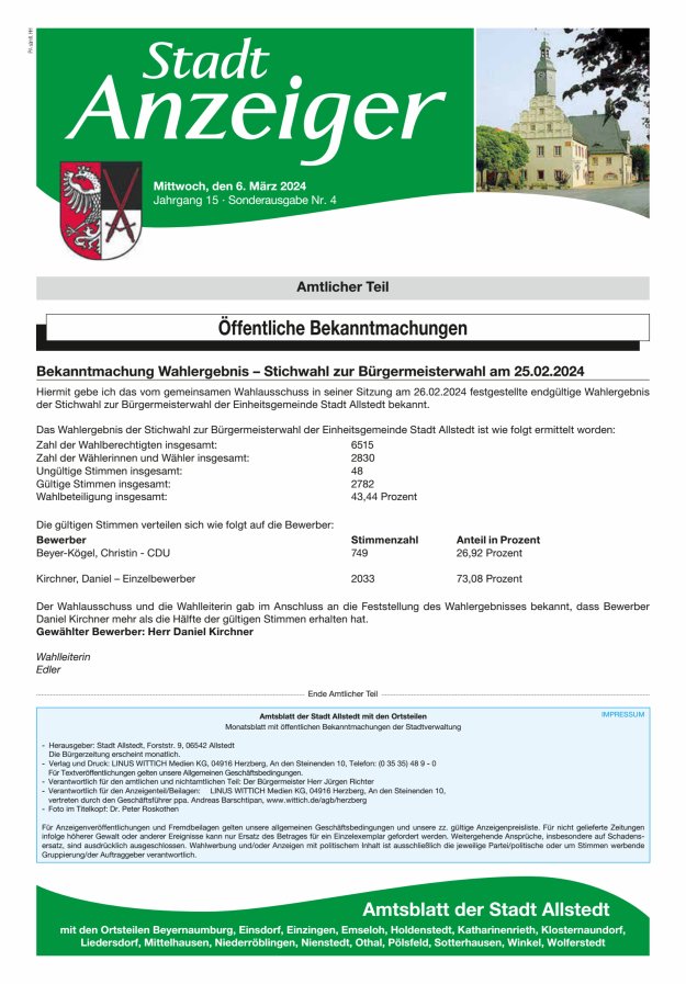 Stadtanzeiger Amtsblatt der Stadt Allstedt mit den Ortsteilen Titelblatt 04/2024