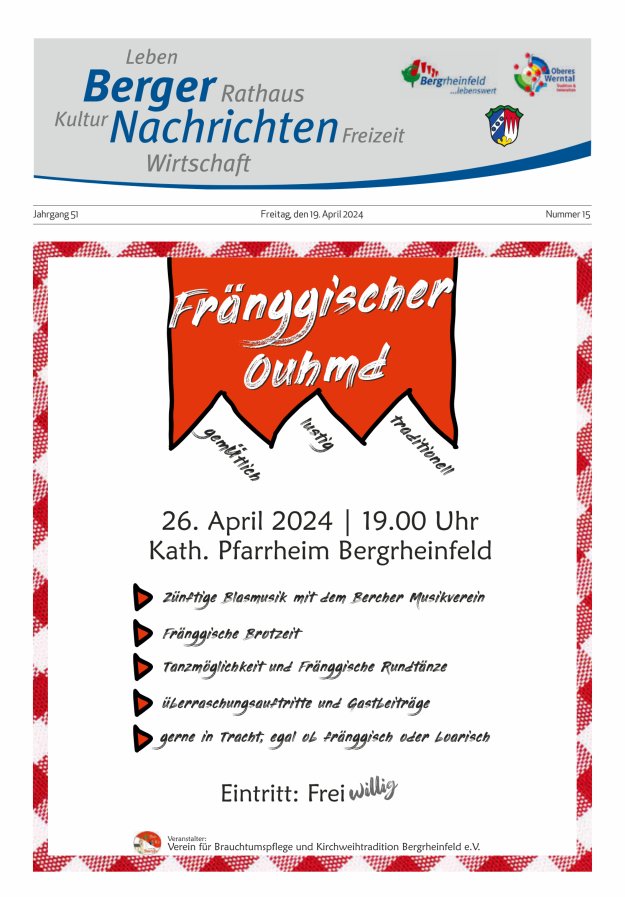 Berger Nachrichten, Bergrheinfeld Titelblatt 15/2024