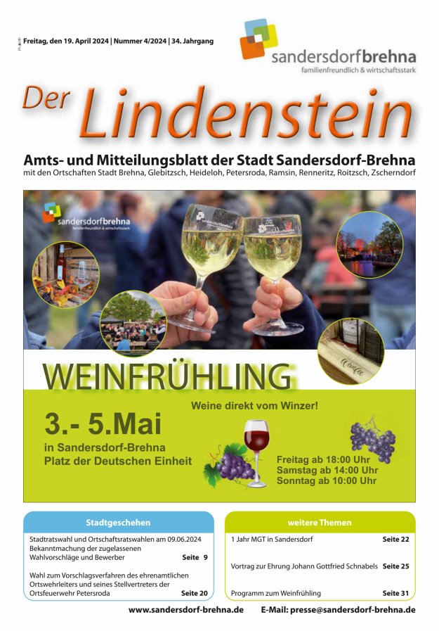 Der Lindenstein Amts- und Mitteilungsblatt der Stadt Sandersdorf-Brehna Titelblatt 04/2024