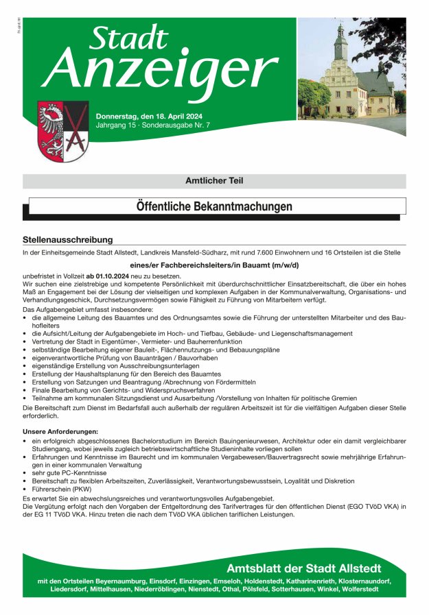 Stadtanzeiger Amtsblatt der Stadt Allstedt mit den Ortsteilen Titelblatt 07/2024