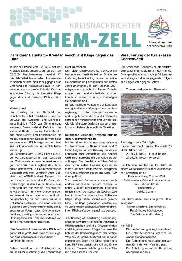 Kreisnachrichten Cochem-Zell Titelblatt 16/2024