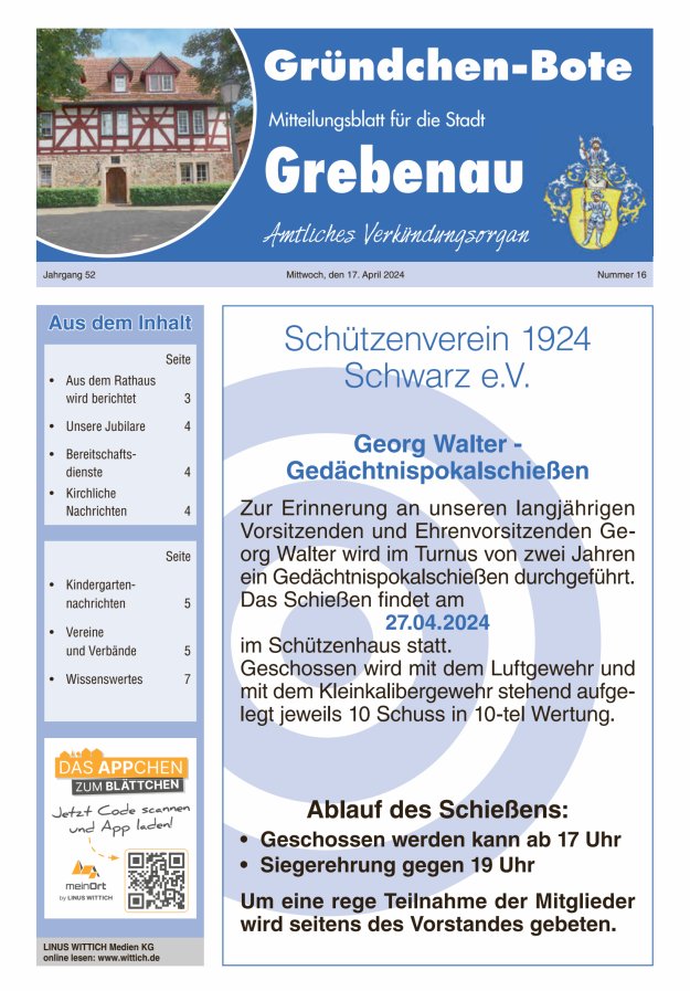 Grebenau - Gründchen Bote - Mitteilungsblatt für die Stadt Grebenau Titelblatt 16/2024