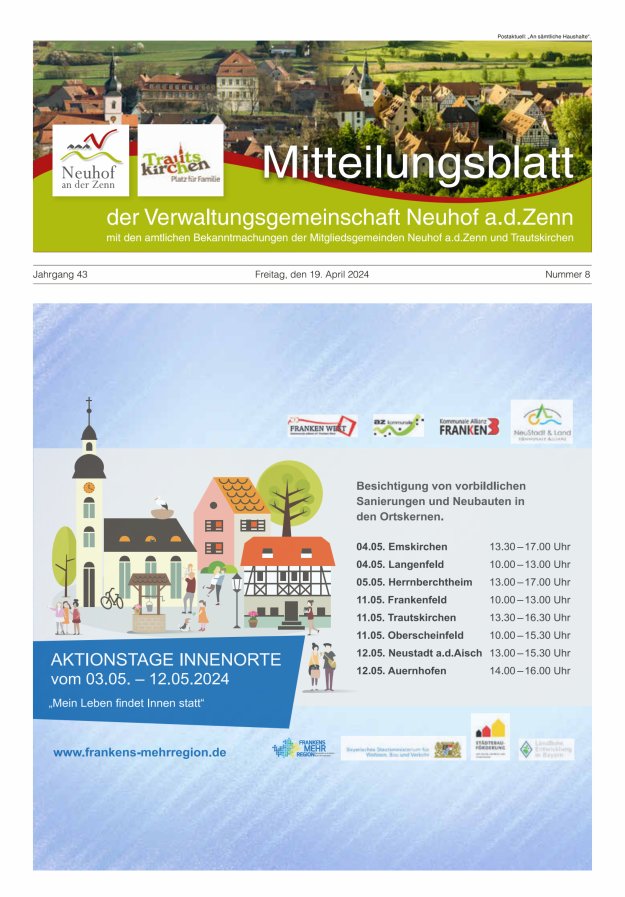 Mitteilungsblatt der Verwaltungsgemeinschaft Neuhof an der Zenn mit den amtlichen Bekanntmachungen der Mitgliedsgemeinden Neuhof an der Zenn und Trautskirchen Titelblatt 08/2024