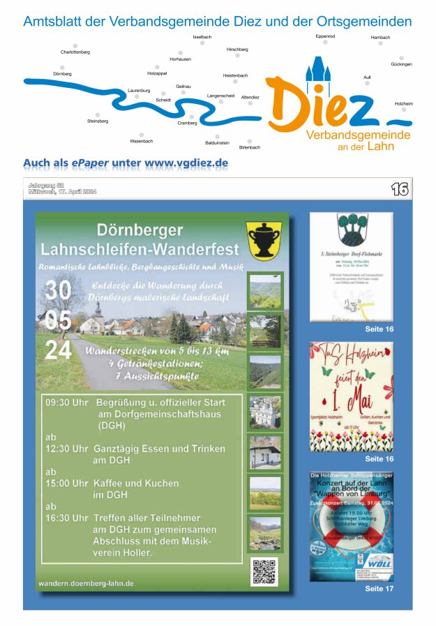 Mitteilungsblatt der Verbandsgemeinde Diez und der Ortsgemeinden Titelblatt 16/2024