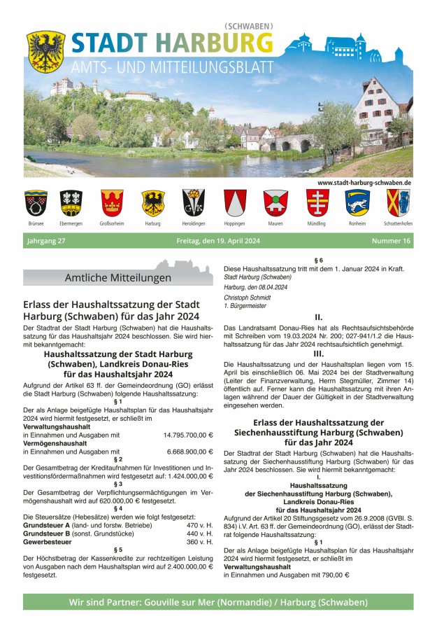 Amts- und Mitteilungsblatt der Stadt Harburg Titelblatt 16/2024