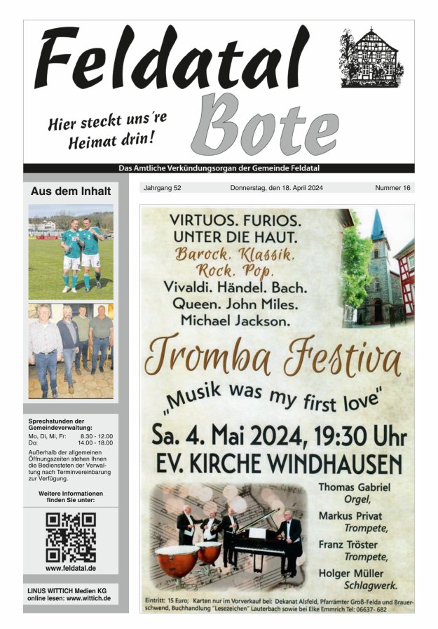 Das Amtliche Verkündungsorgan der Gemeinde Feldatal Titelblatt 16/2024