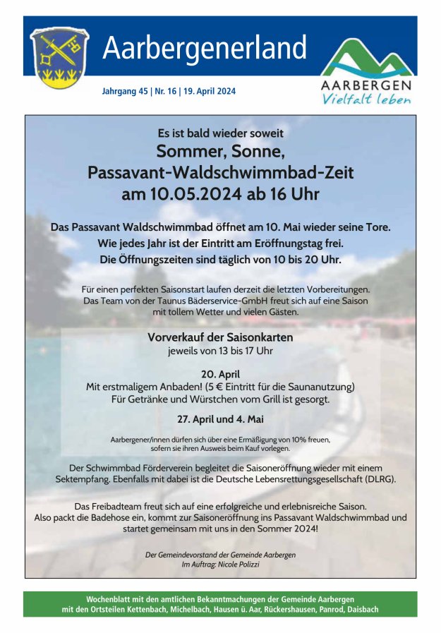 Aarbergenerland - Wochenblatt mit den amtlichen Bekanntmachungen Titelblatt 16/2024