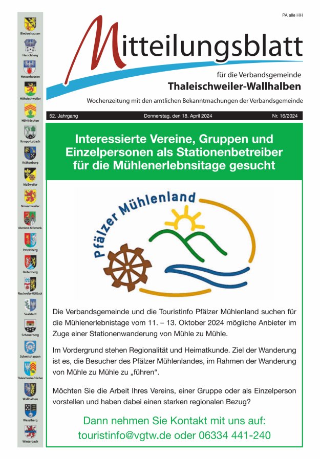 Mitteilungsblatt VG Thaleischweiler-Wallhalben Titelblatt 16/2024
