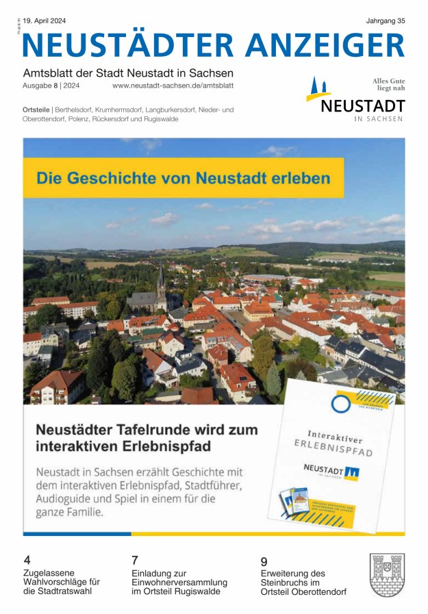 Neustädter Anzeiger - Amts- und Heimatblatt der Stadt Neustadt in Sachsen Titelblatt 08/2024
