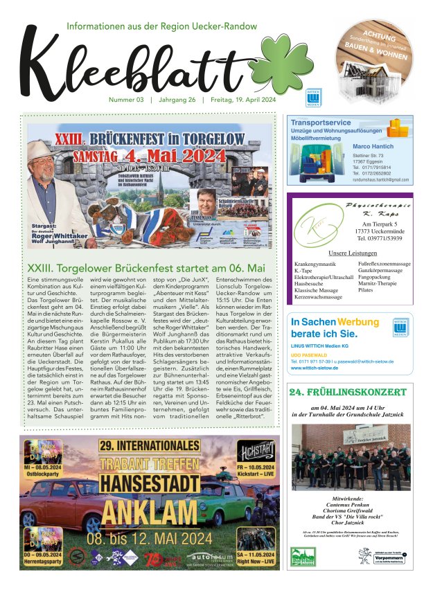 Kleeblatt - Mitteilungsblatt der Region Uecker-Randow Titelblatt 03/2024