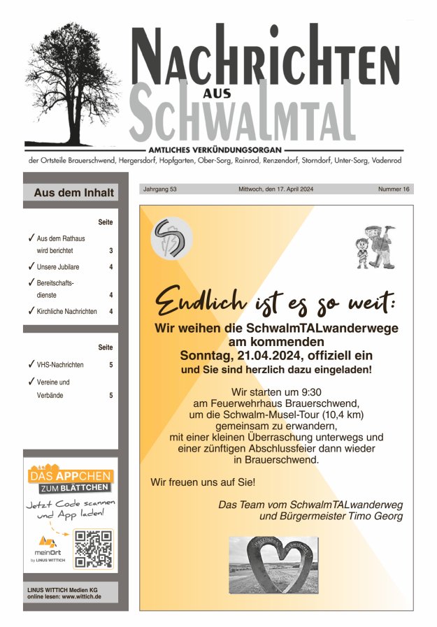 Nachrichten aus Schwalmtal Titelblatt 16/2024