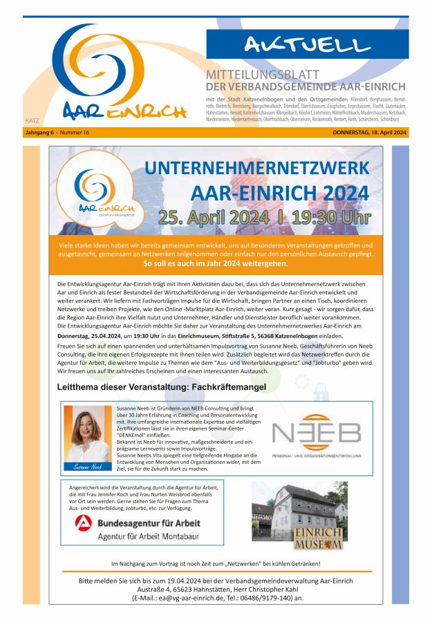 Mitteilungsblatt der Verbandsgemeinde Aar-Einrich Ausgabe Katzenelnbogen Titelblatt 16/2024