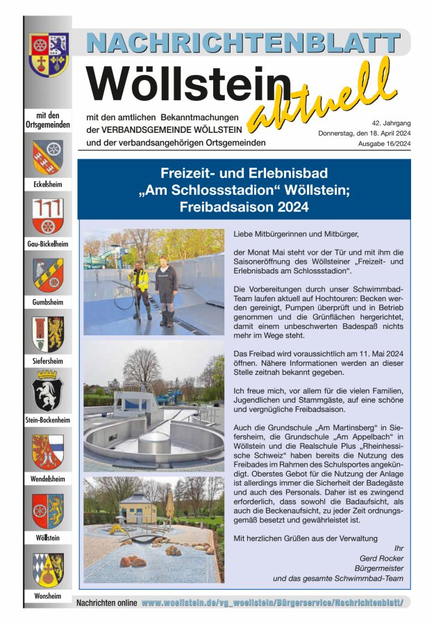 Nachrichtenblatt Wöllstein aktuell Titelblatt 16/2024