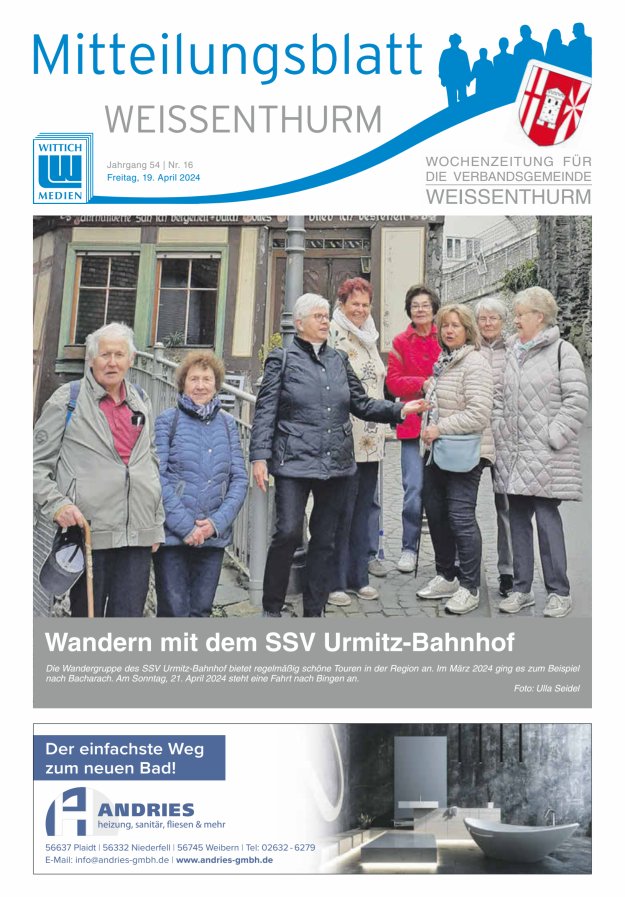 Mitteilungsblatt für den Bereich der Verbandsgemeinde Weißenthurm Titelblatt 16/2024