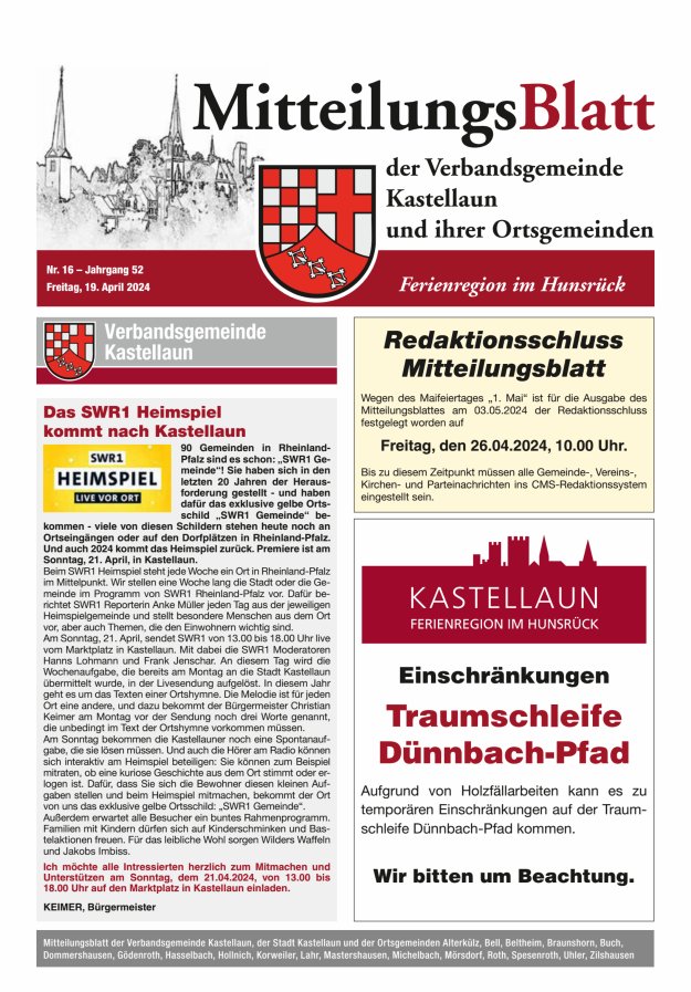 Mitteilungsblatt Kastellaun Titelblatt 16/2024