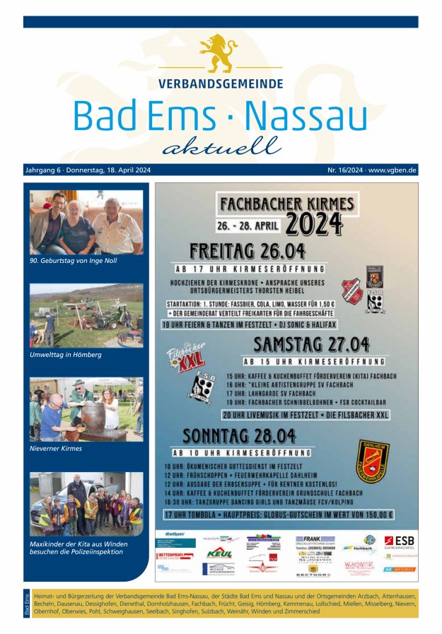 Bad Ems-Nassau aktuell Ausgabe Bad Ems Titelblatt 16/2024