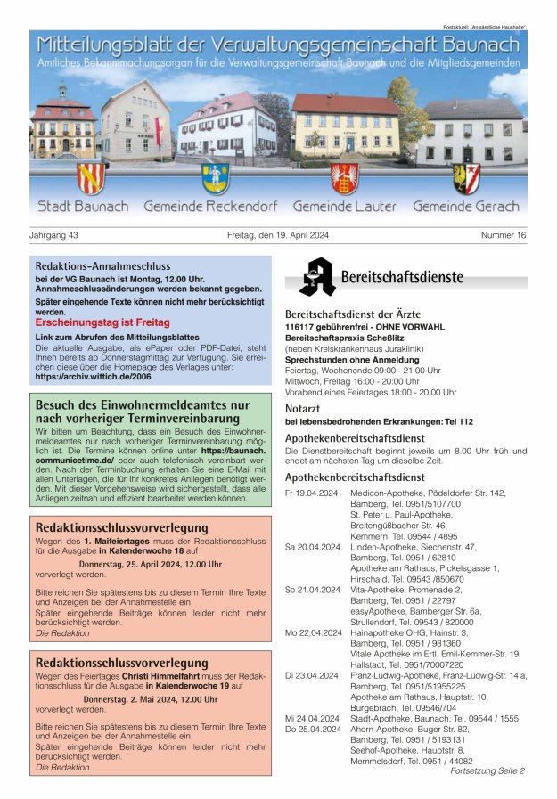 Mitteilungsblatt Verwaltungsgemeinschaft Baunach Titelblatt 16/2024