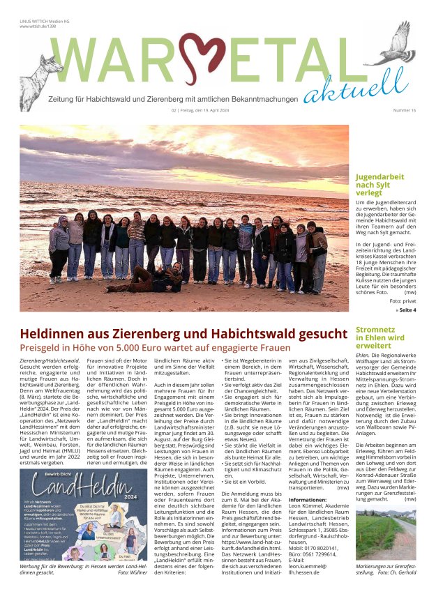 Warmetal aktuell (Habichtswald + Zierenberg) Titelblatt 16/2024