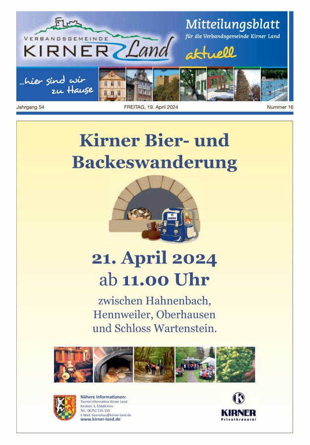Mitteilungsblatt für den Bereich der Verbandsgemeinde Kirner Land Titelblatt 16/2024