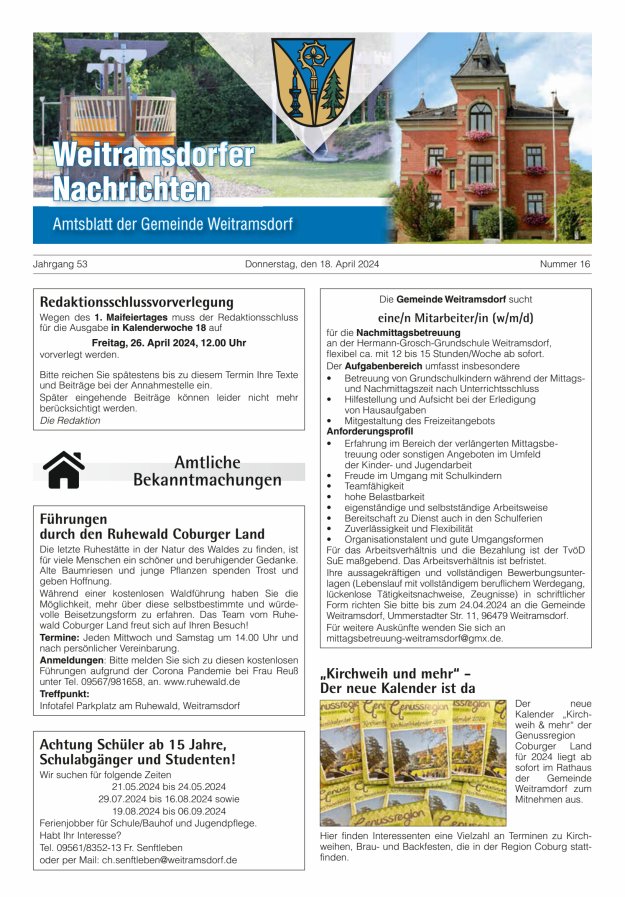 Weitramsdorfer Nachrichten Titelblatt 16/2024