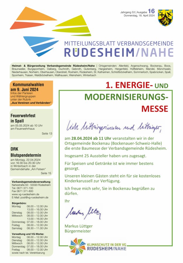 Mitteilungsblatt Verbandsgemeinde Rüdesheim und zugehörige Ortsgemeinden Titelblatt 16/2024