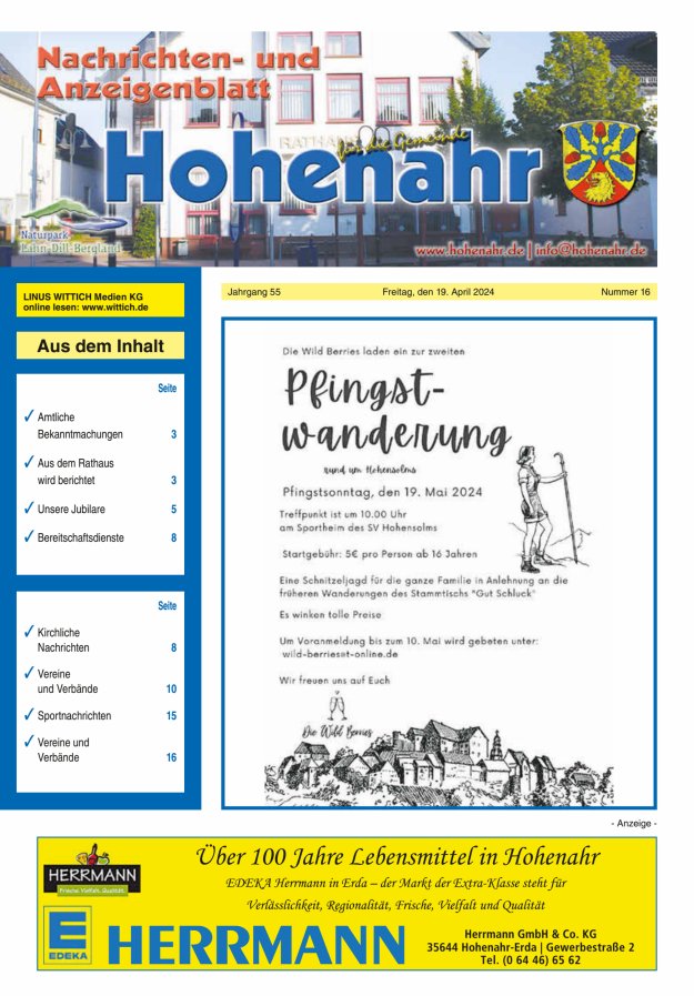 Nachrichten- und Anzeigenblatt für die Gemeinde Hohenahr Titelblatt 16/2024