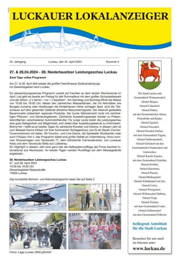 Luckauer Lokalanzeiger (beiliegend Amtsblatt für die Stadt Luckau) Titelblatt 05/2024