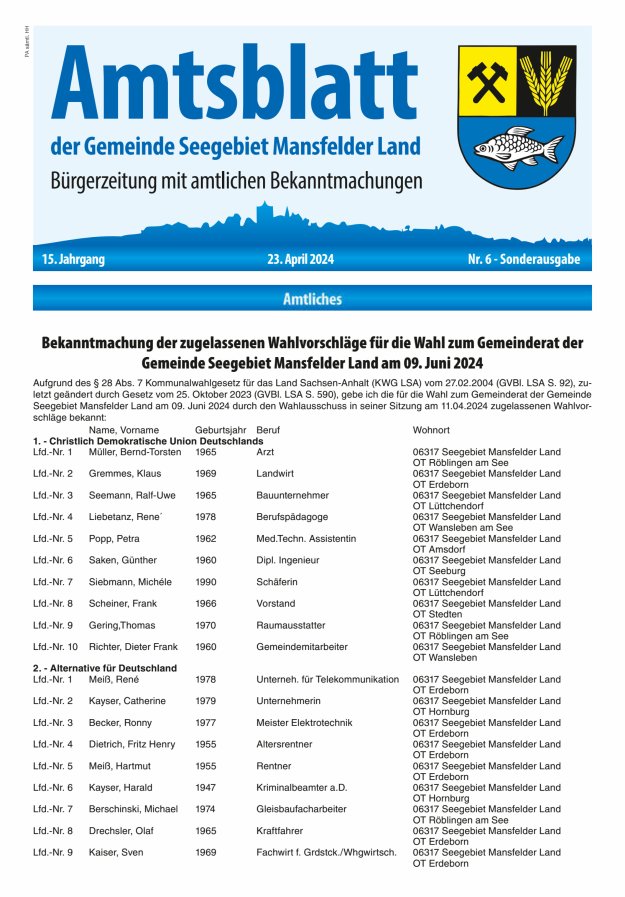 Amtsblatt der Gemeinde Seegebiet Mansfelder Land Titelblatt 06/2024