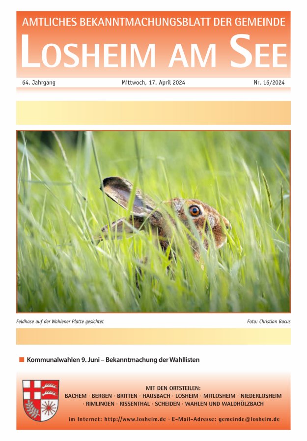 Amtliches Bekanntmachungsblatt der Gemeinde Losheim am See Titelblatt 16/2024