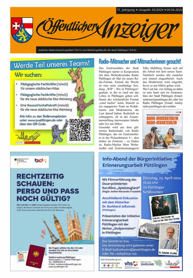 Öffentlicher Anzeiger - Stadt Püttlingen Titelblatt 16/2024