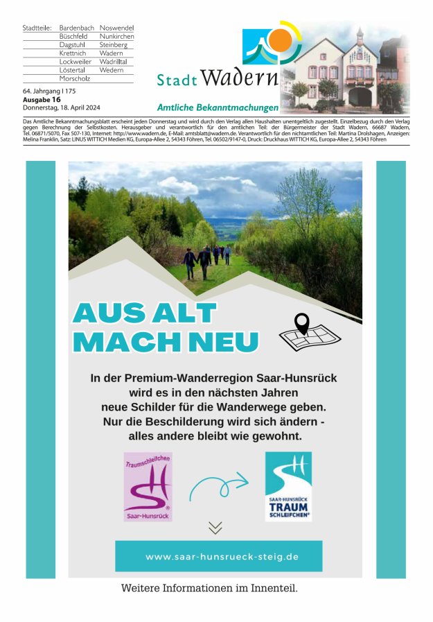 Stadt Wadern Titelblatt 16/2024