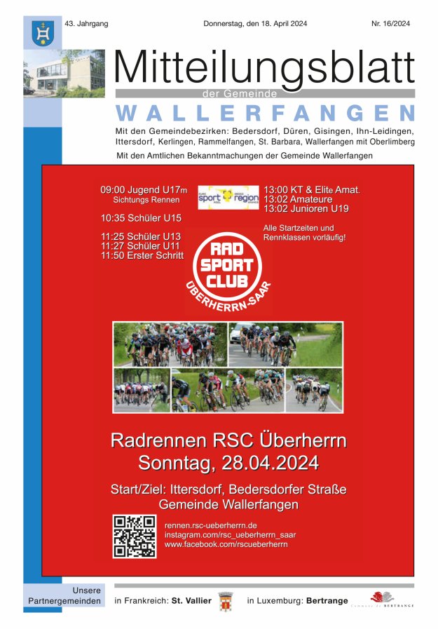 Mitteilungsblatt Gemeinde Wallerfangen Titelblatt 16/2024