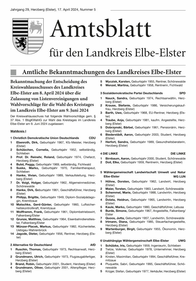 Amtsblatt für den Landkreis Elbe-Elster Titelblatt 05/2024