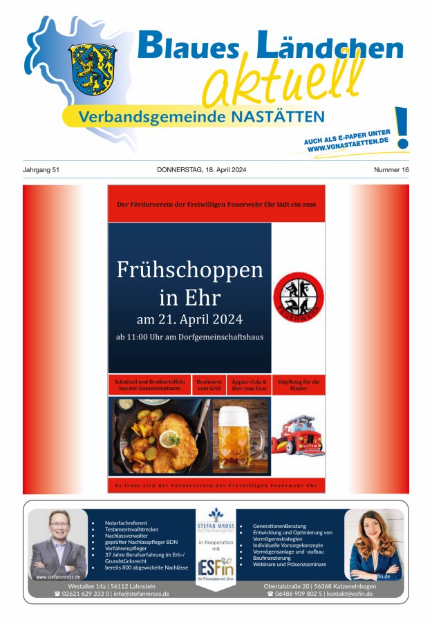 Blaues Ländchen aktuell - Heimat- u Bürgerzeitung VG Nastätten Titelblatt 16/2024