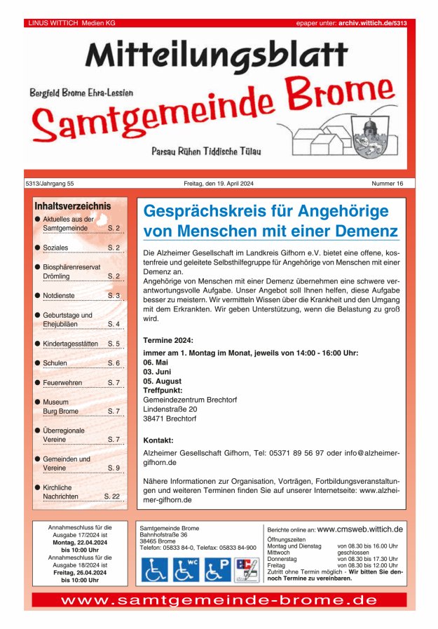 Mitteilungsblatt der Samtgemeinde Brome Titelblatt 16/2024