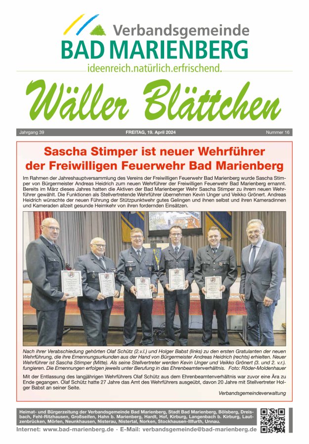 Wäller Blättchen - Verbandsgemeinde Bad Marienberg Titelblatt 16/2024