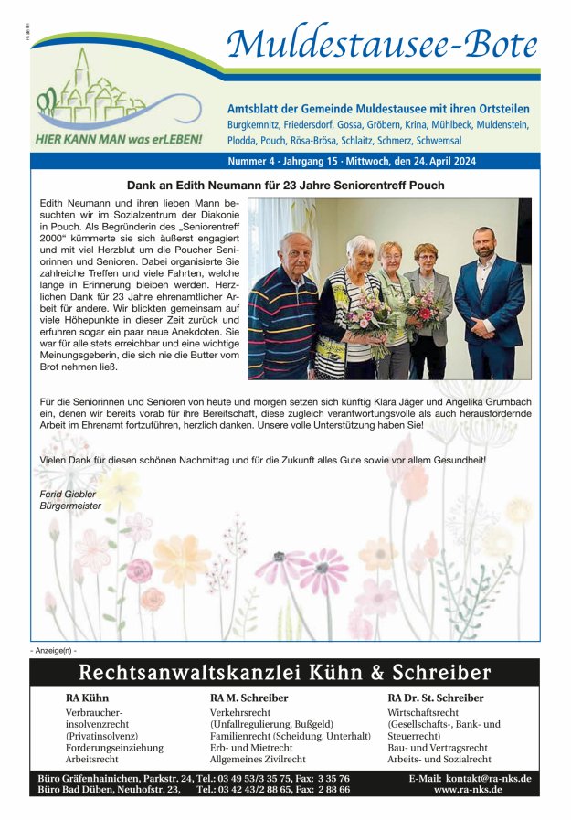 Muldestausee-Bote – Amtsblatt der Gemeinde Muldestausee mit ihren Ortsteilen Titelblatt 04/2024