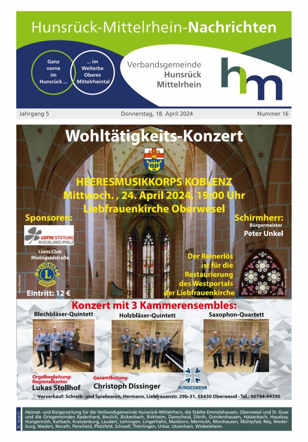 Hunsrück-Mittelrhein Nachrichten Ausgabe St Goar Oberwesel Titelblatt 16/2024