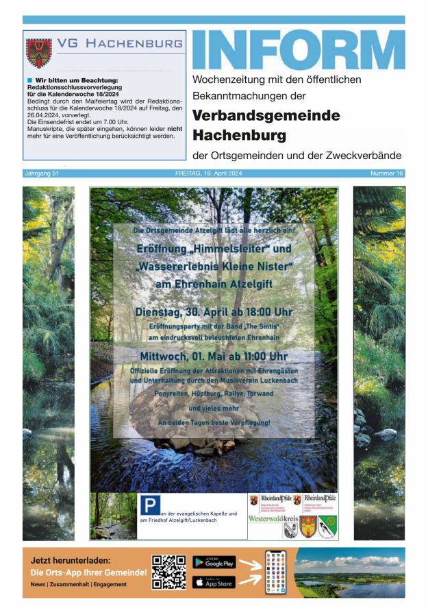 INFORM - Wochenzeitung der Verbandsgemeinde Hachenburg Titelblatt 16/2024