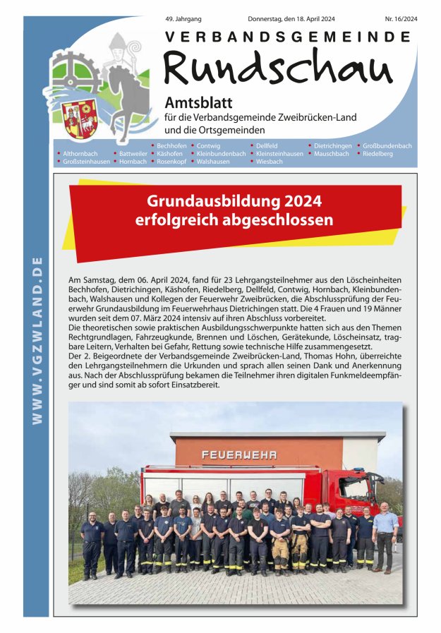 Verbandsgemeinde Rundschau Zweibrücken-Land Titelblatt 16/2024