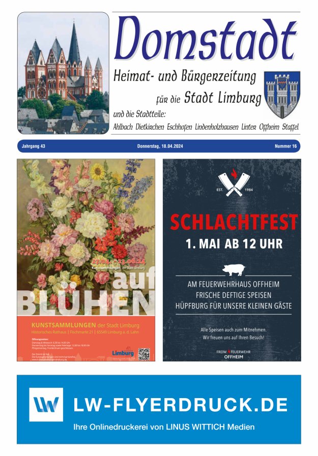 Domstadt - Heimat- und Bürgerzeitung für die Stadt Limburg Titelblatt 16/2024