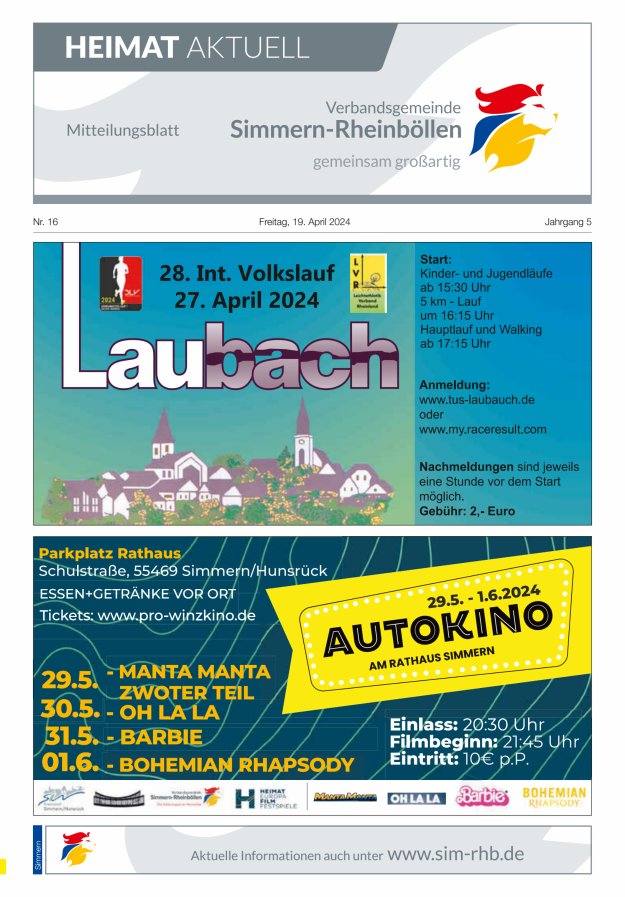 Heimat Aktuell - Mitteilungsbl der VG Simmern-Rheinböllen Ausg Simmern Titelblatt 16/2024