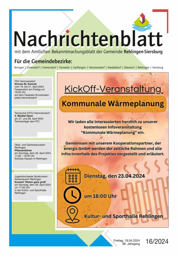 Nachrichtenblatt Rehlingen-Siersburg Titelblatt 16/2024